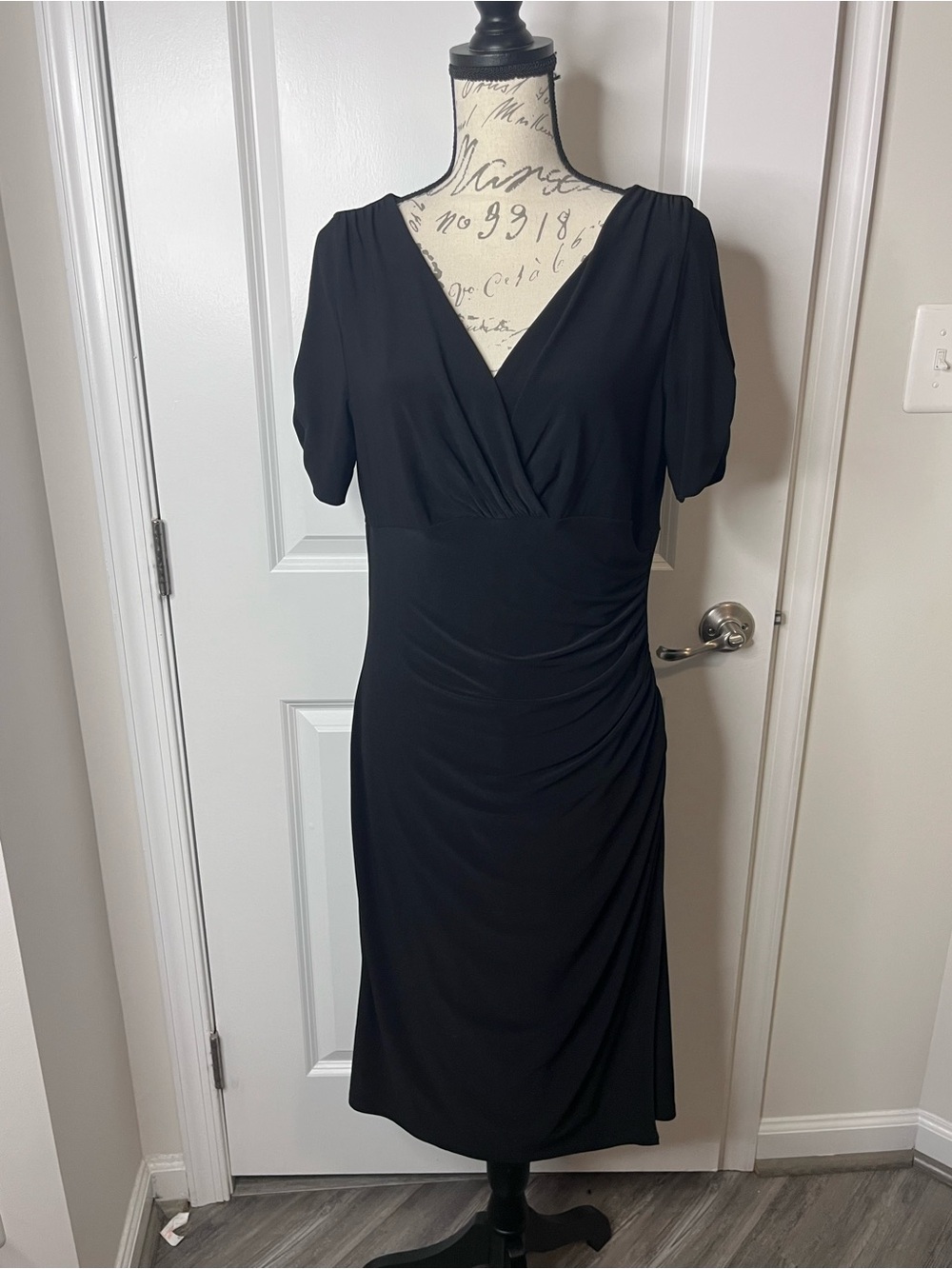 Ralph Lauren Black V-Neck Ruched Midi Dress